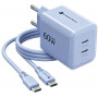 Forcell F-Energy GaN III VT-60 60W PD QC 4.0+ 2x USB-C sienas lādētājs, zils + USB-C kabelis