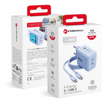 Forcell F-Energy GaN III VT-60 60W PD QC 4.0+ 2x USB-C sienas lādētājs, zils + USB-C kabelis