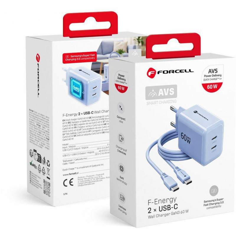 Forcell F-Energy GaN III VT-60 60W PD QC 4.0+ 2x USB-C sienas lādētājs, zils + USB-C kabelis