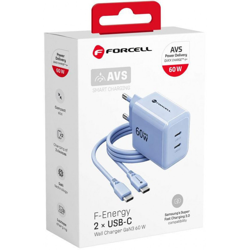 Forcell F-Energy GaN III VT-60 60W PD QC 4.0+ 2x USB-C sienas lādētājs, zils + USB-C kabelis
