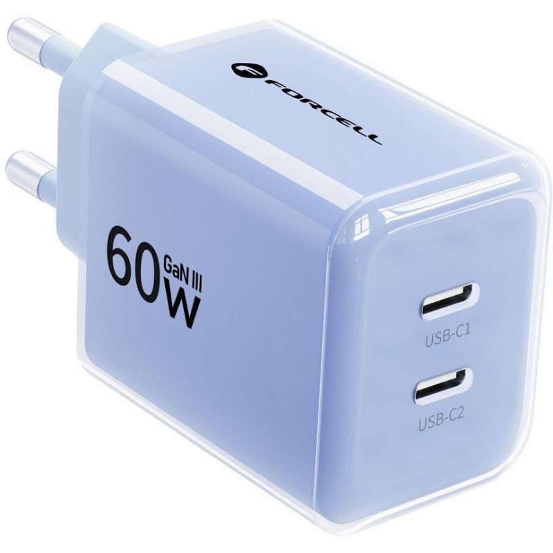 Forcell F-Energy GaN III VT-60 60W PD QC 4.0+ 2x USB-C sienas lādētājs, zils + USB-C kabelis