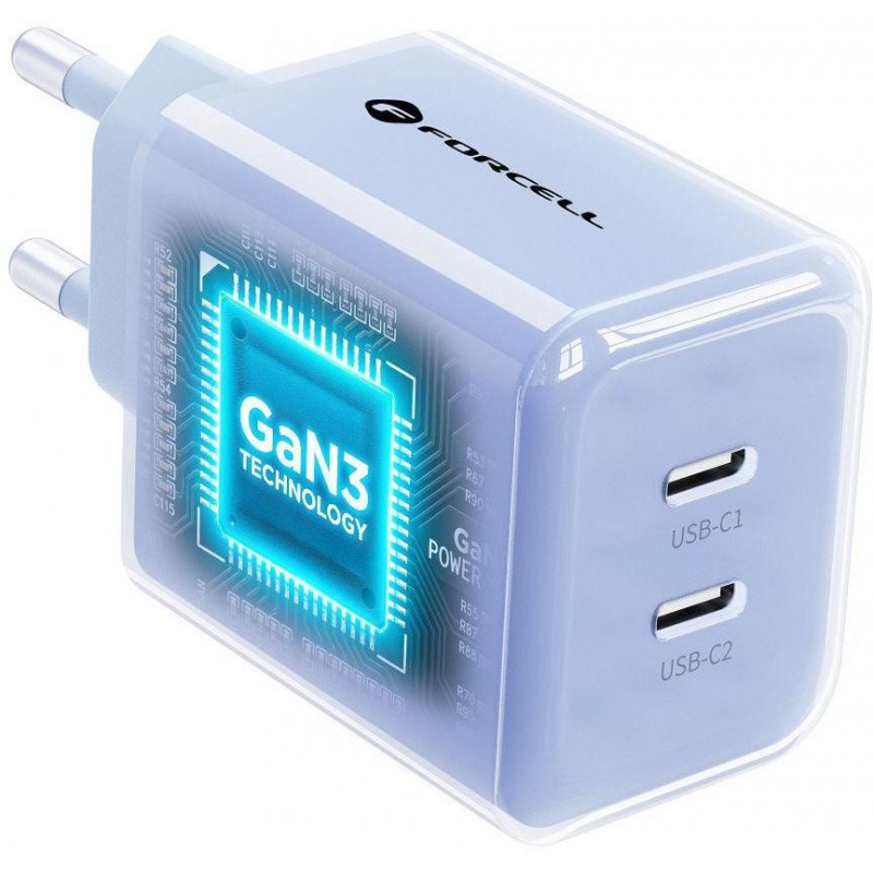 Forcell F-Energy GaN III VT-60 60W PD QC 4.0+ 2x USB-C sienas lādētājs, zils + USB-C kabelis
