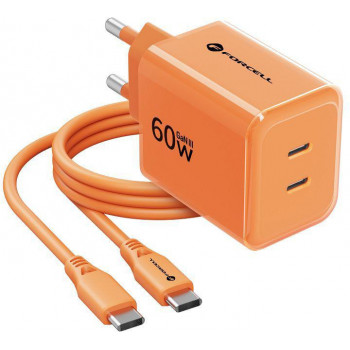 Forcell F-Energy GaN III VT-60 60W PD QC 4.0+ 2x USB-C sienas lādētājs oranžs + USB-C kabelis