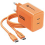 Forcell F-Energy GaN III VT-60 60W PD QC 4.0+ 2x USB-C sienas lādētājs oranžs + USB-C kabelis