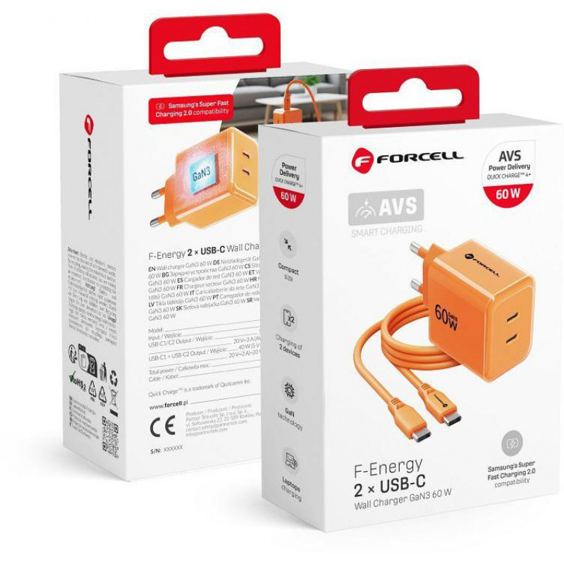 Forcell F-Energy GaN III VT-60 60W PD QC 4.0+ 2x USB-C sienas lādētājs oranžs + USB-C kabelis