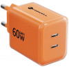 Forcell F-Energy GaN III VT-60 60W PD QC 4.0+ 2x USB-C sienas lādētājs oranžs + USB-C kabelis