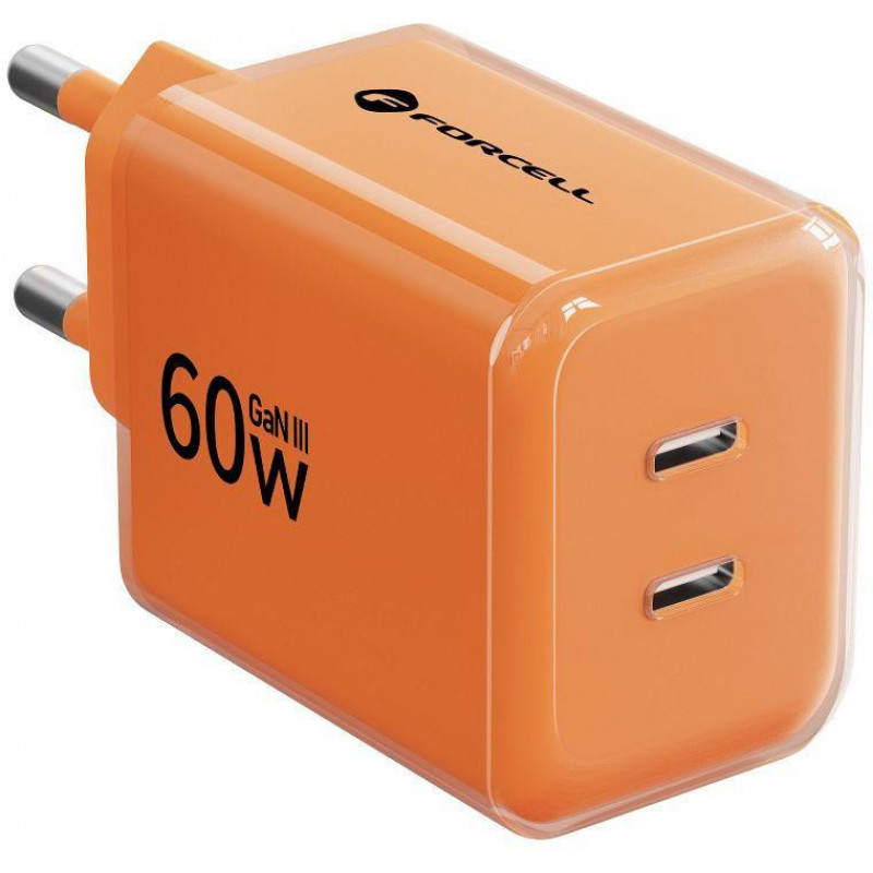 Forcell F-Energy GaN III VT-60 60W PD QC 4.0+ 2x USB-C sienas lādētājs oranžs + USB-C kabelis