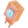 Forcell F-Energy GaN III VT-60 60W PD QC 4.0+ 2x USB-C sienas lādētājs oranžs + USB-C kabelis