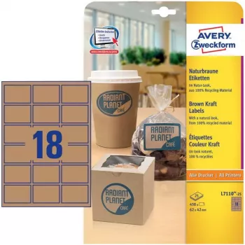 Avery Zweckform L7110-25 etiķetes, pastāvīga līme, dabīgi brūnas, 62 x 42 mm, 450 gab. (25 loksnes x 18)