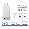 Sienas lādētājs Akyga AK-CH-20 100W USB-C USB-A PD GaN 5-20V / 1.5-5A balts