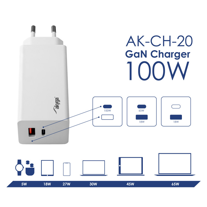 Sienas lādētājs Akyga AK-CH-20 100W USB-C USB-A PD GaN 5-20V / 1.5-5A balts