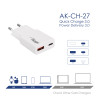 Sienas lādētājs Akyga AK-CH-27 30W USB-C USB-A PD GaN 5-20V / 1.5-3A balts