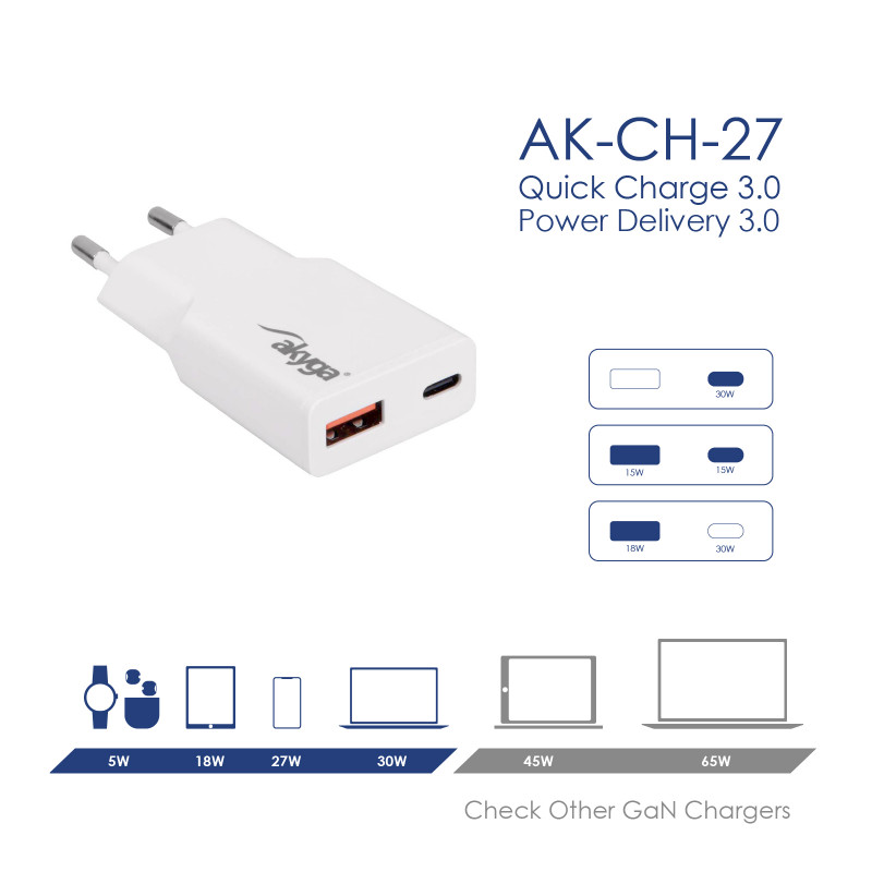 Sienas lādētājs Akyga AK-CH-27 30W USB-C USB-A PD GaN 5-20V / 1.5-3A balts