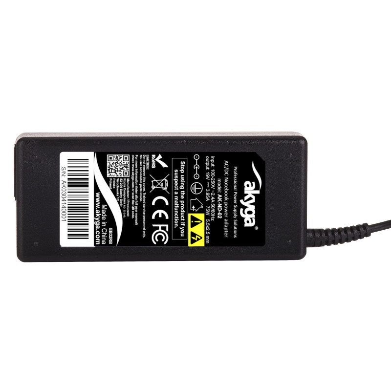 Akyga AK-ND-02 klēpjdatora lādētājs 19 V / 3,95 A, 75 W, 5,5 x 2,5 mm, 1,2 m, saderīgs ar ASUS / Toshiba / Lenovo