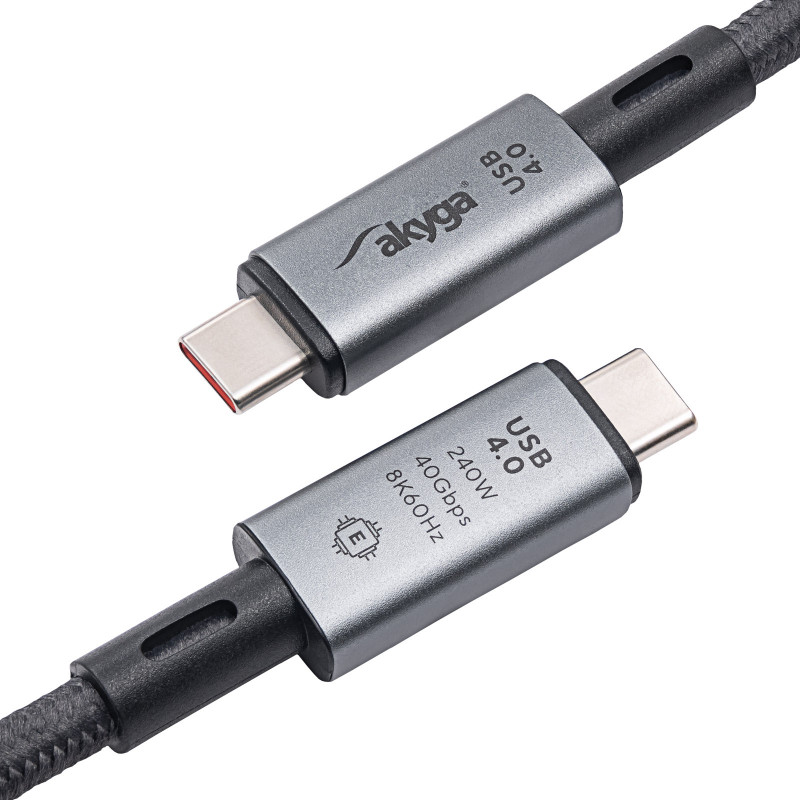 Akyga AK-USB-45 USB-C – USB-C pīts kabelis, USB4, 40 Gbps, 240 W, 1 m, pelēks