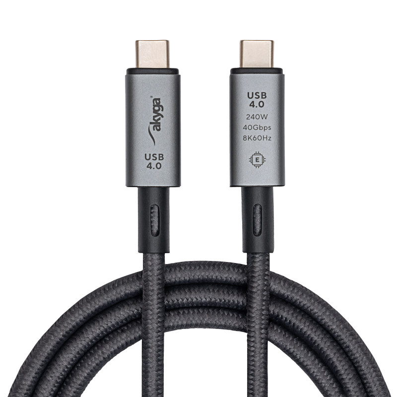Akyga AK-USB-45 USB-C – USB-C pīts kabelis, USB4, 40 Gbps, 240 W, 1 m, pelēks