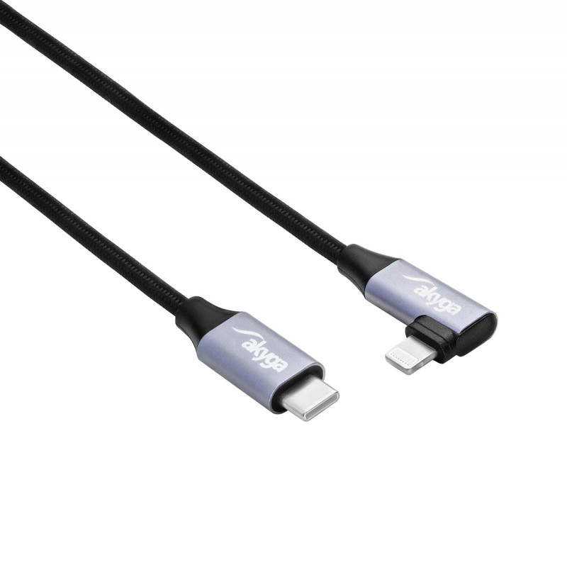 Akyga AK-USB-56 USB-C – Lightning pīts kabelis ar leņķa spraudni, USB 2.0, 30 W, 1 m, melns