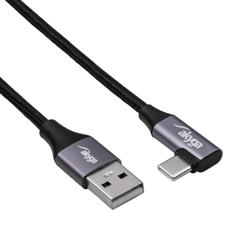 Akyga AK-USB-74 USB-A uz leņķveida USB-C pīts kabelis, USB 2.0, 60 W, 1 m, melns