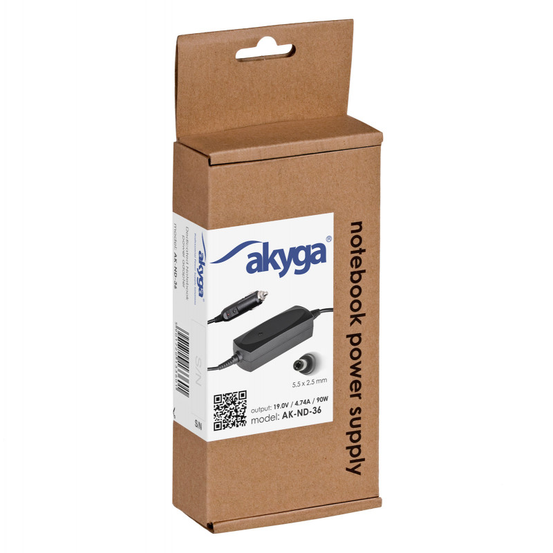 Akyga AK-ND-36 auto klēpjdatora lādētājs 19 V / 4,74 A, 90 W, 5,5 x 2,5 mm, saderīgs ar ASUS / Toshiba