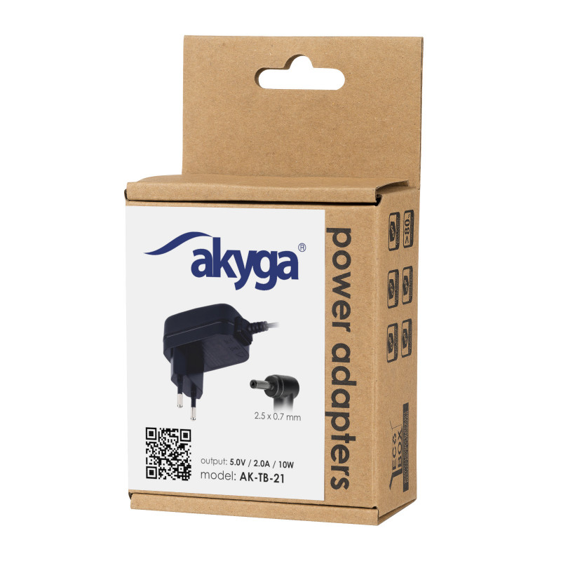 Akyga AK-TB-21 universālais barošanas adapteris 5 V / 2 A 10 W, DC 2,5 x 0,7 mm, 1,5 m, melns