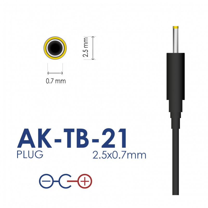 Akyga AK-TB-21 universālais barošanas adapteris 5 V / 2 A 10 W, DC 2,5 x 0,7 mm, 1,5 m, melns