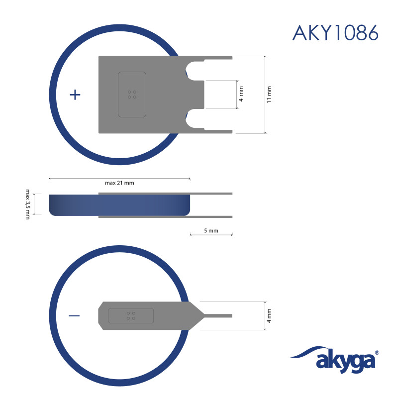 Akyga AKY1086 CR2032 PP3A litija baterija 3 V 210 mAh ar 3 kontaktiem, 4 mm solis (THT)