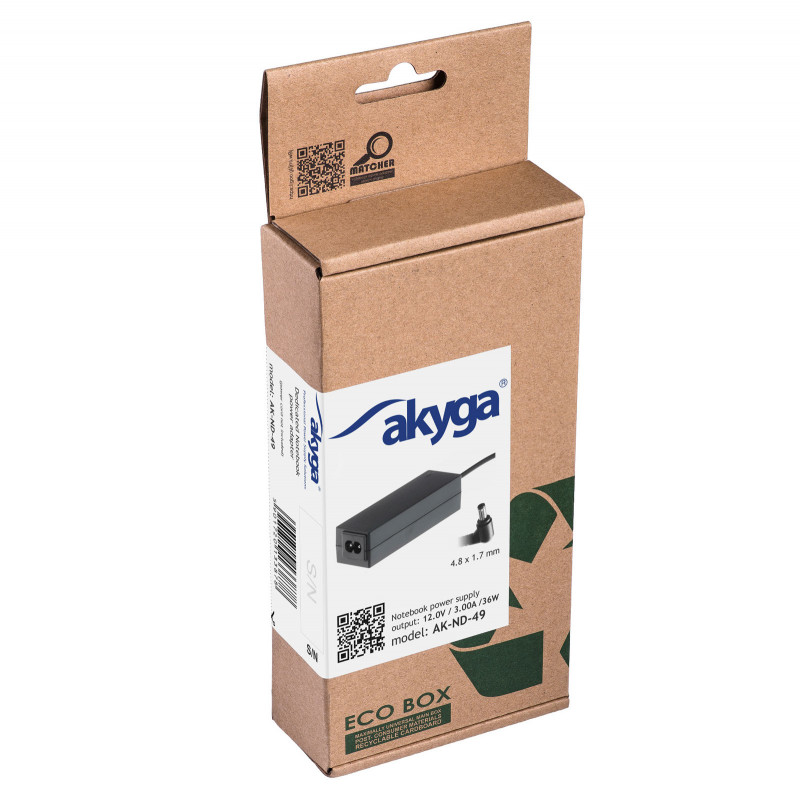 Akyga AK-ND-49 klēpjdatora lādētājs 12 V / 3,0 A, 36 W, 4,8 x 1,7 mm, 1,2 m, saderīgs ar ASUS