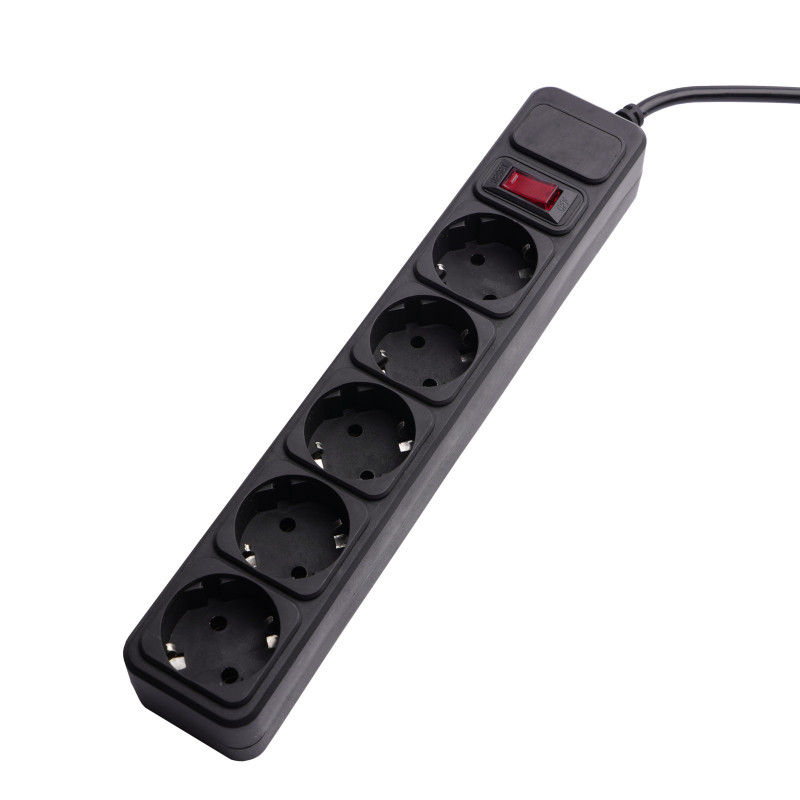 Akyga AK-SP-06A pārsprieguma aizsardzības pagarinātājs, 5x Schuko ligzdas CEE 7/3 (F tips), slēdzis, 1,8 m, melns