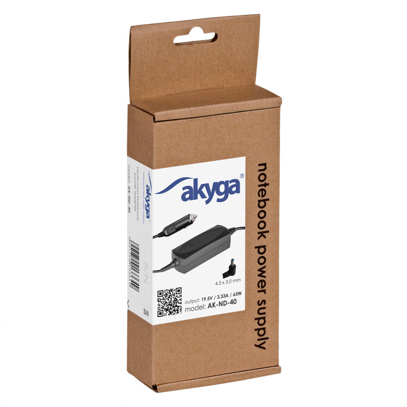 Akyga AK-ND-40 auto klēpjdatora lādētājs 19,5 V / 3,33 A, 65 W, 4,5 x 3,0 mm + tapa, saderīgs ar HP