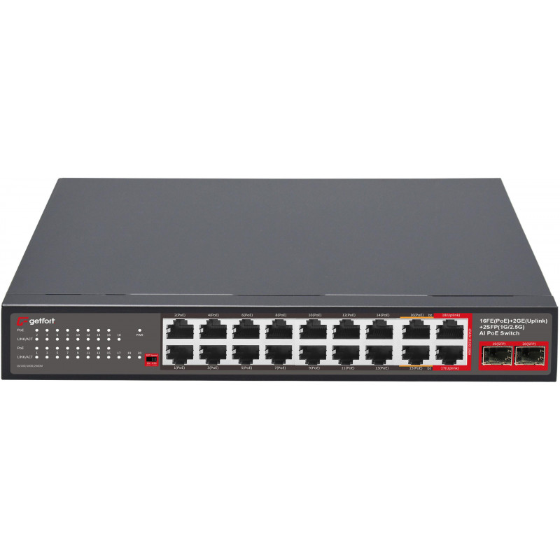 Getfort GF-120G-16P-240 PoE komutators, 16 x 10/100 PoE + 2 x GE + 2 x SFP, 240 W