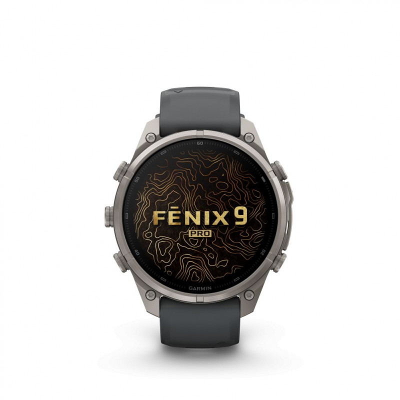 Garmin Fenix 9 Pro viedpulkstenis, 47 mm, titāna korpuss, grafīta un melna silikona siksniņa