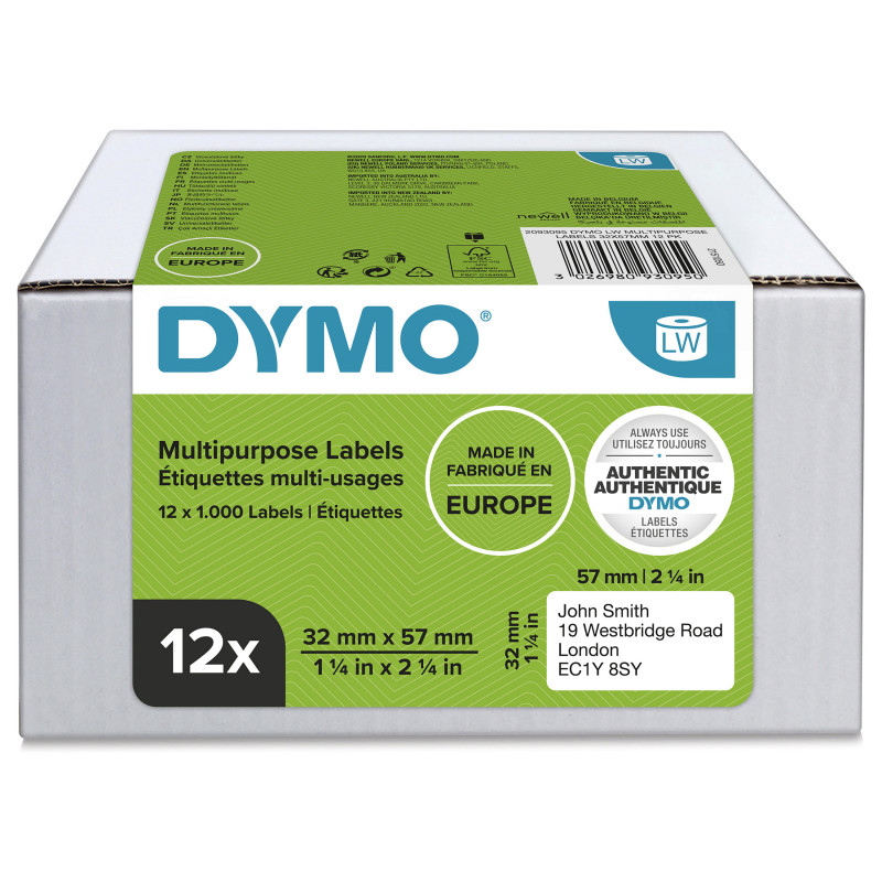 DYMO 2093095 LabelWriter daudzfunkcionālās uzlīmes, 32 x 57 mm, 12 ruļļi, baltas