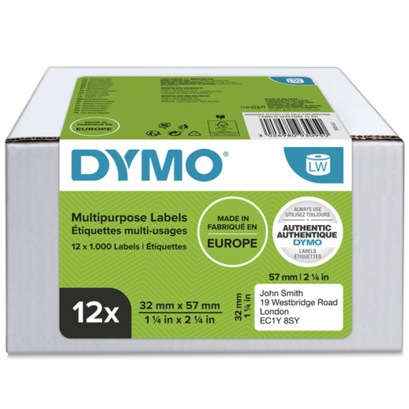 DYMO 2093095 LabelWriter daudzfunkcionālās uzlīmes, 32 x 57 mm, 12 ruļļi, baltas