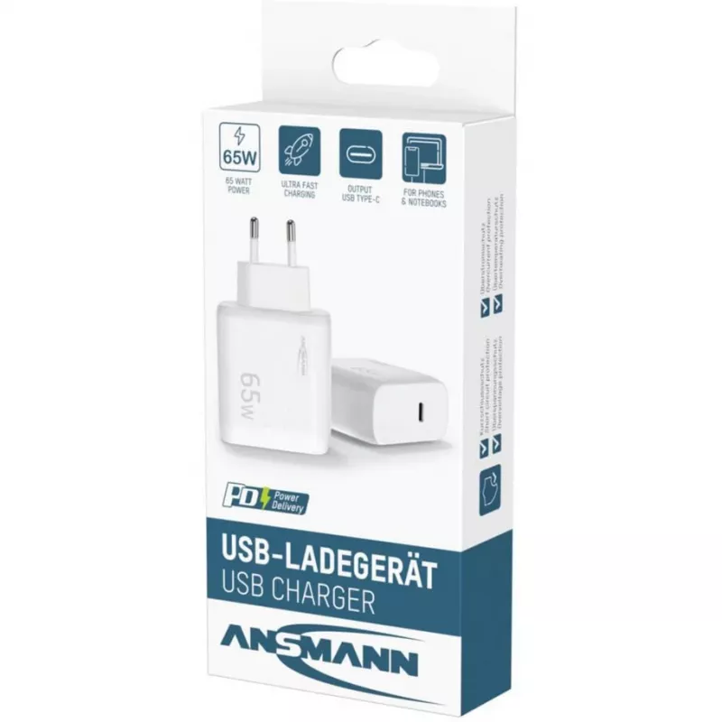 Ansmann Home Charger HC165PD USB lādētājs ar 1x USB-C, PPS, PD, Quick Charge, 65 W, baltā krāsā
