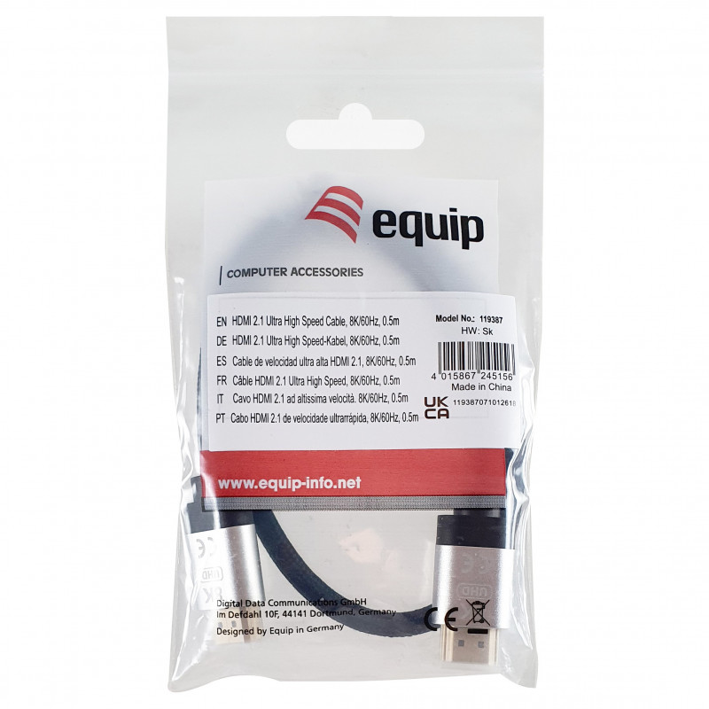 Equip 119387 HDMI 2.1 Ultra High Speed vads ar Ethernet, 48 Gbps, 8K/60 Hz, melns, 0,5 m