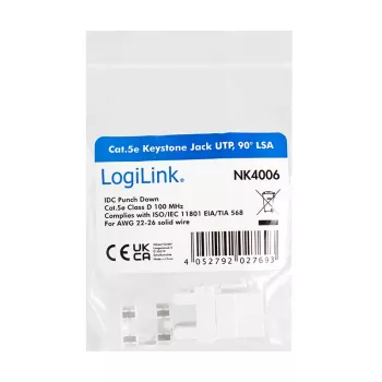 LogiLink NK4006 RJ45 keystone modulis, Cat.5e UTP, 90° iespiežamais savienojums, balts