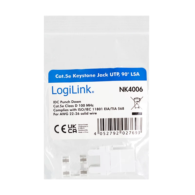 LogiLink NK4006 RJ45 keystone modulis, Cat.5e UTP, 90° iespiežamais savienojums, balts