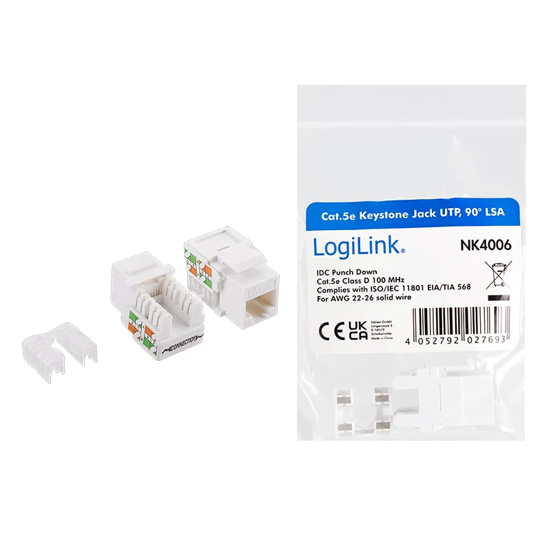 LogiLink NK4006 RJ45 keystone modulis, Cat.5e UTP, 90° iespiežamais savienojums, balts