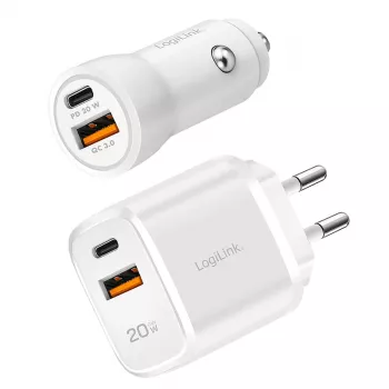 LogiLink PA0374 USB-A/C lādētāja komplekts, 20 W, 1x USB-A un 1x USB-C, balts