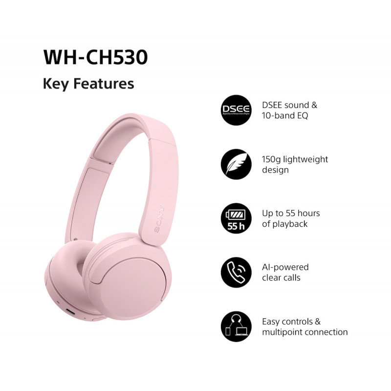 Sony WH-CH530 Bluetooth austiņas ar mikrofonu, novietojamas uz ausīm, trokšņu samazināšana, rozā