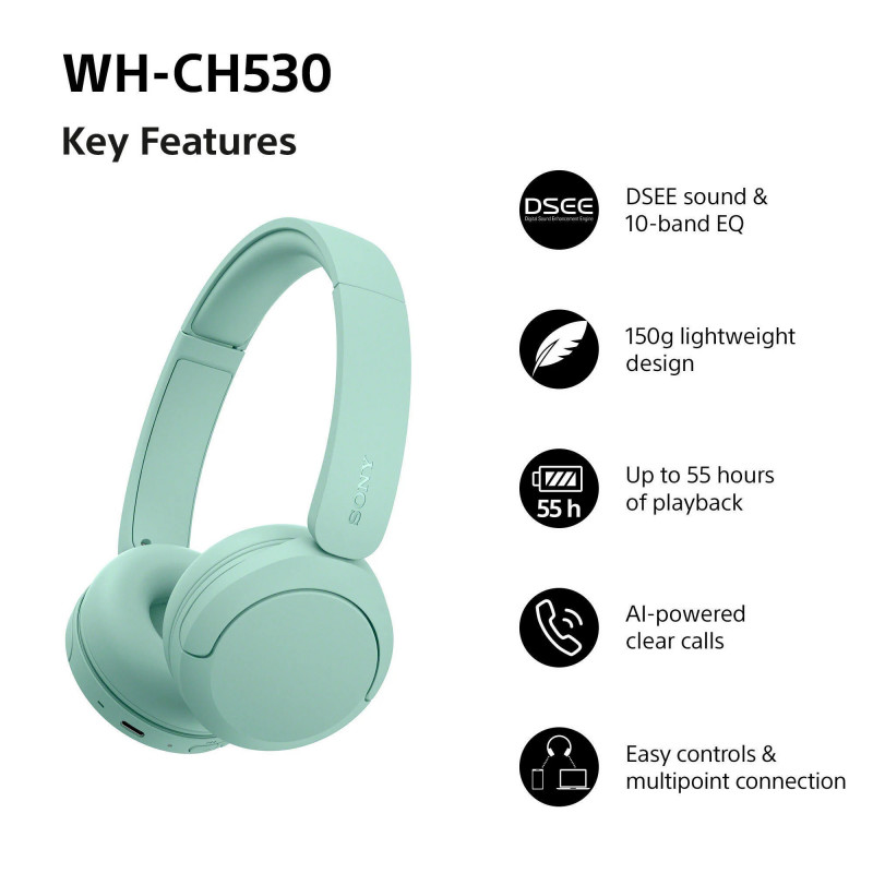 Sony WH-CH530 bezvadu Bluetooth austiņas, piparmētru toņa