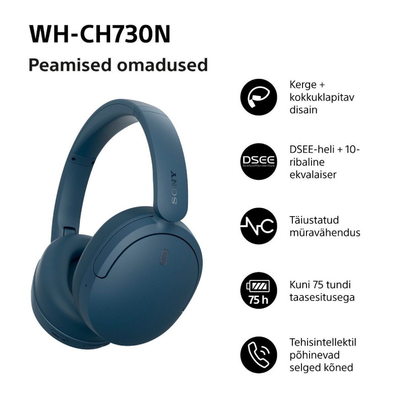 Sony WH-CH730N Bluetooth austiņas ap ausīm ar mikrofonu, zilā krāsā