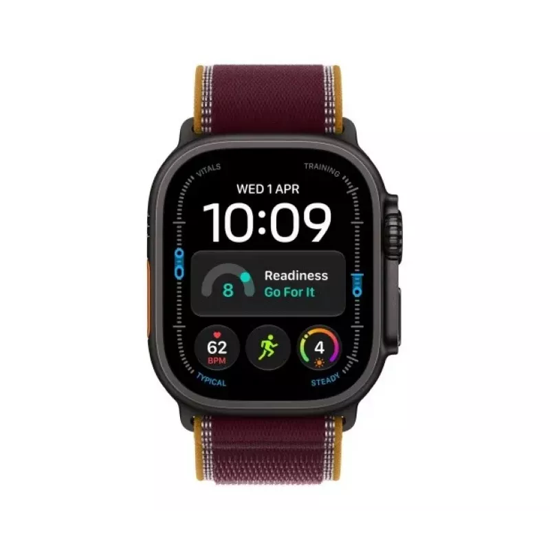 Apple Watch Ultra 4 viedpulkstenis, GPS + Cellular, 49 mm, melns, Trail Loop bordo, M/L