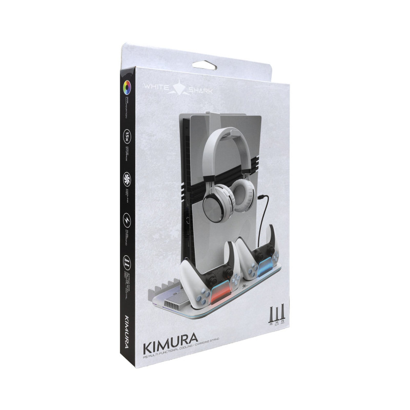 White Shark KIMURA PRO PS5 dzesēšanas statīvs ar 2 pultu uzlādes stacijām, balts