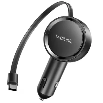 LogiLink PA0400 auto USB-C lādētājs, 1 pieslēgvieta, PD 3.0, 30 W, ievelkams vads, 0,8 m