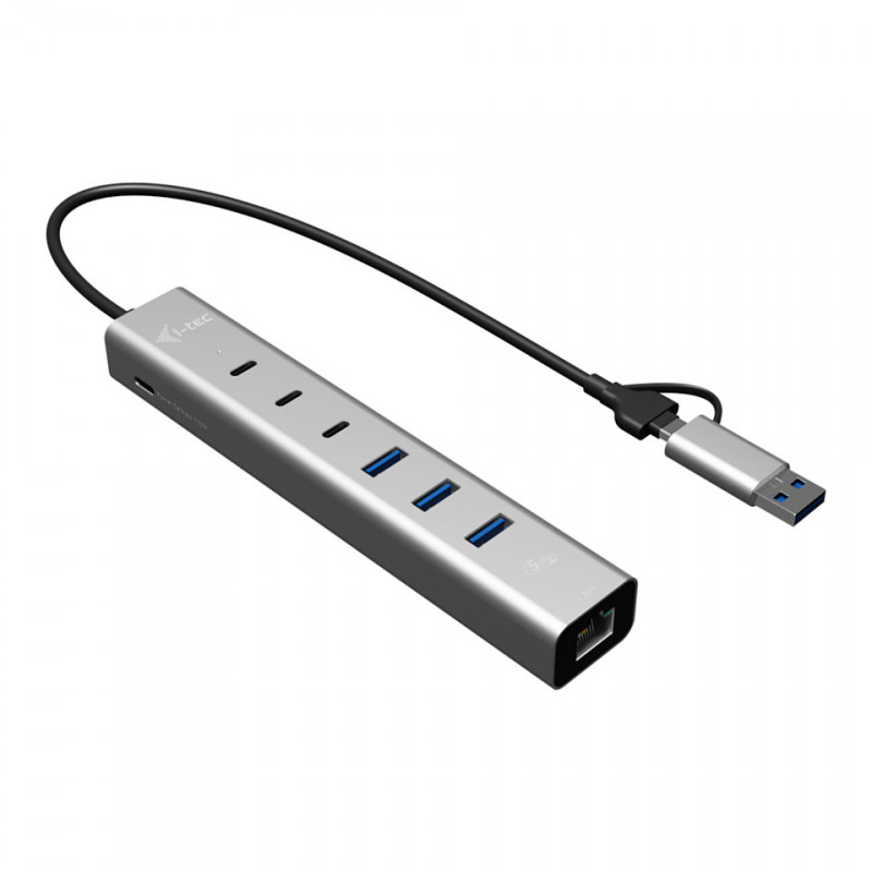 i-tec CAHUBMETAL6LANPD USB-C/USB-A metāla sadalītājs, 6 porti, Gigabit LAN, Power Delivery 85 W, sudrabains