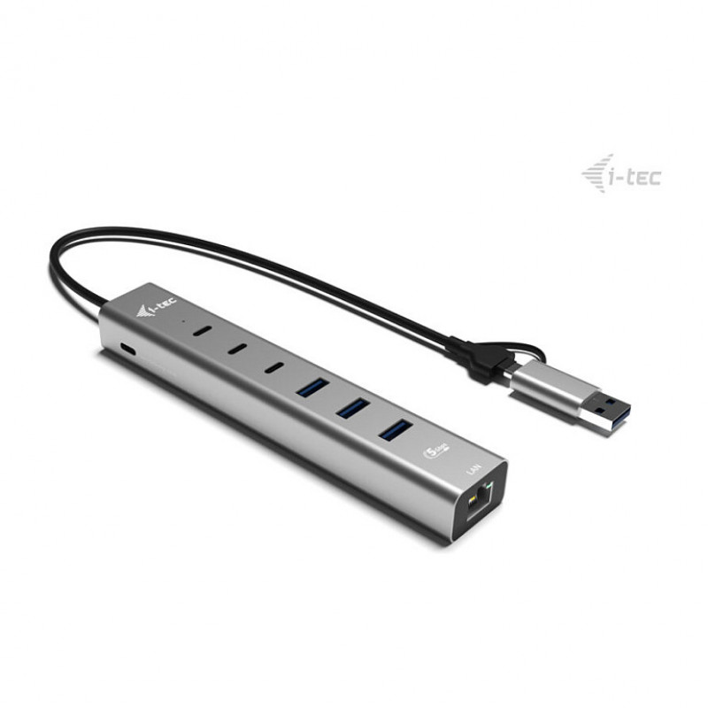 i-tec CAHUBMETAL6LANPD USB-C/USB-A metāla sadalītājs, 6 porti, Gigabit LAN, Power Delivery 85 W, sudrabains