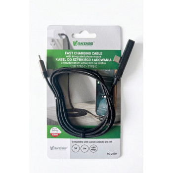 Vakoss TC-U570 USB-C uz USB-C vads ar statīva funkciju, 100 W, 1 m, melns