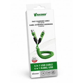 Vakoss MLU680G 4 vienā vads, 1,5 m, 60 W, 3 A, QC/PD, zaļš