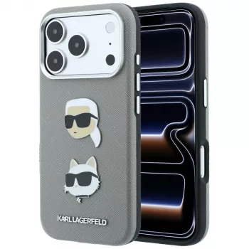 Karl Lagerfeld KF003253 apvalks Saffiano ar Karl & Choupette Heads Pins un logotipu, iPhone 18 Pro / 17 Pro, pelēks